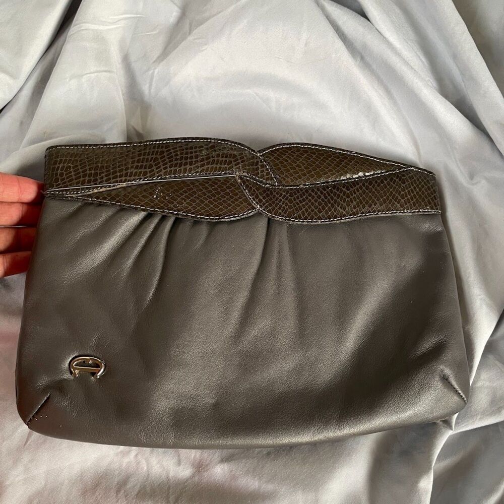 Vintage 70s ETIENNE AIGNER Snakeskin Trim Gray CLUTCH Bag